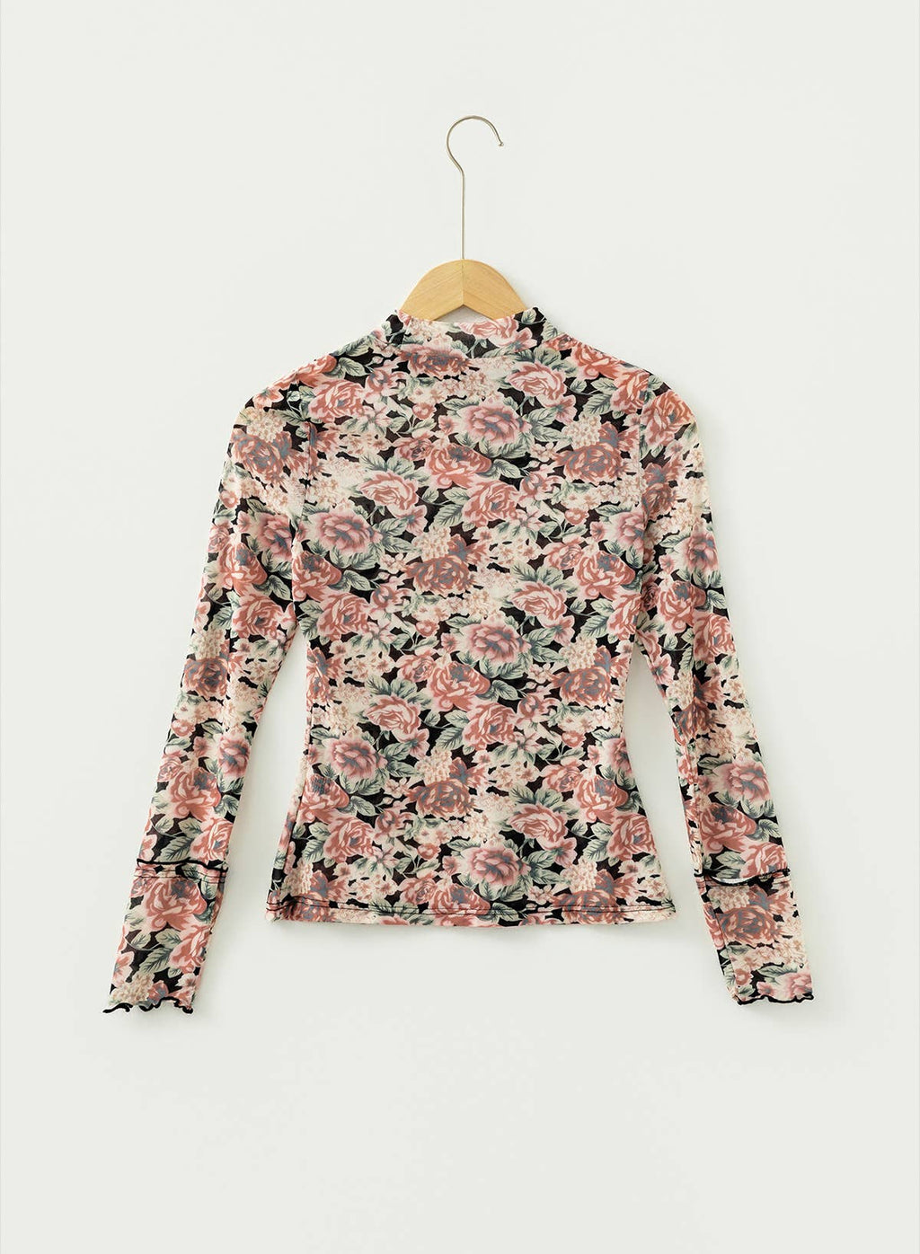 Retro Floral Print Mesh Long Sleeve Top