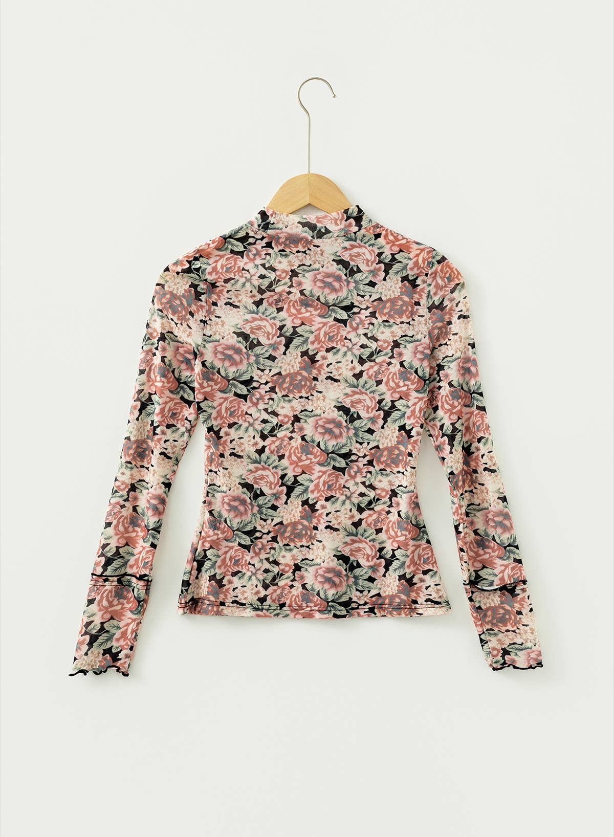 Retro Floral Print Mesh Long Sleeve Top