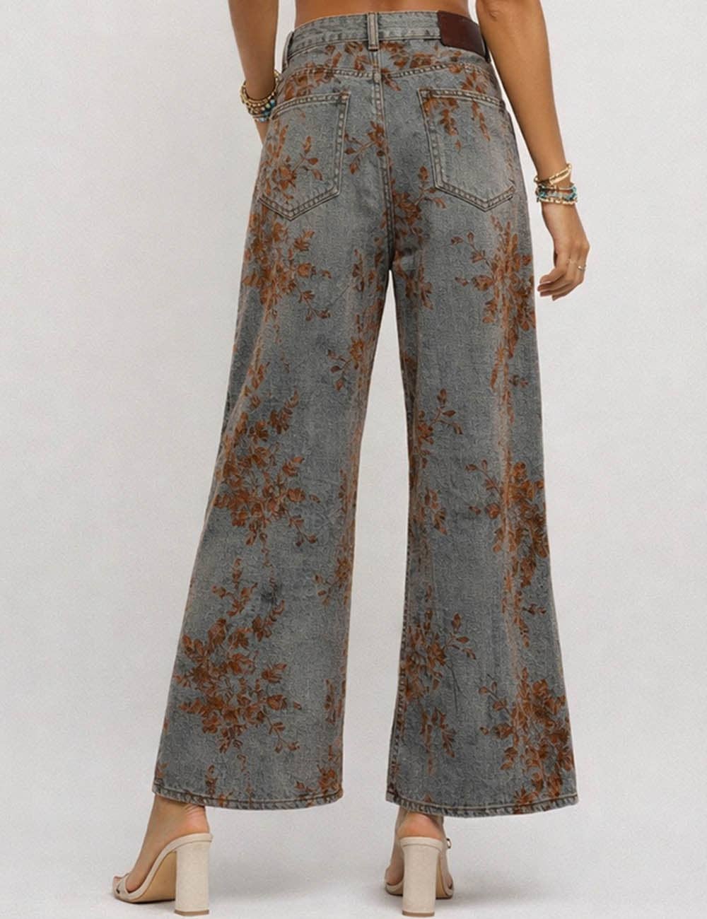 Ladies Vintage Floral Jacquard Wide Leg Denim Pants