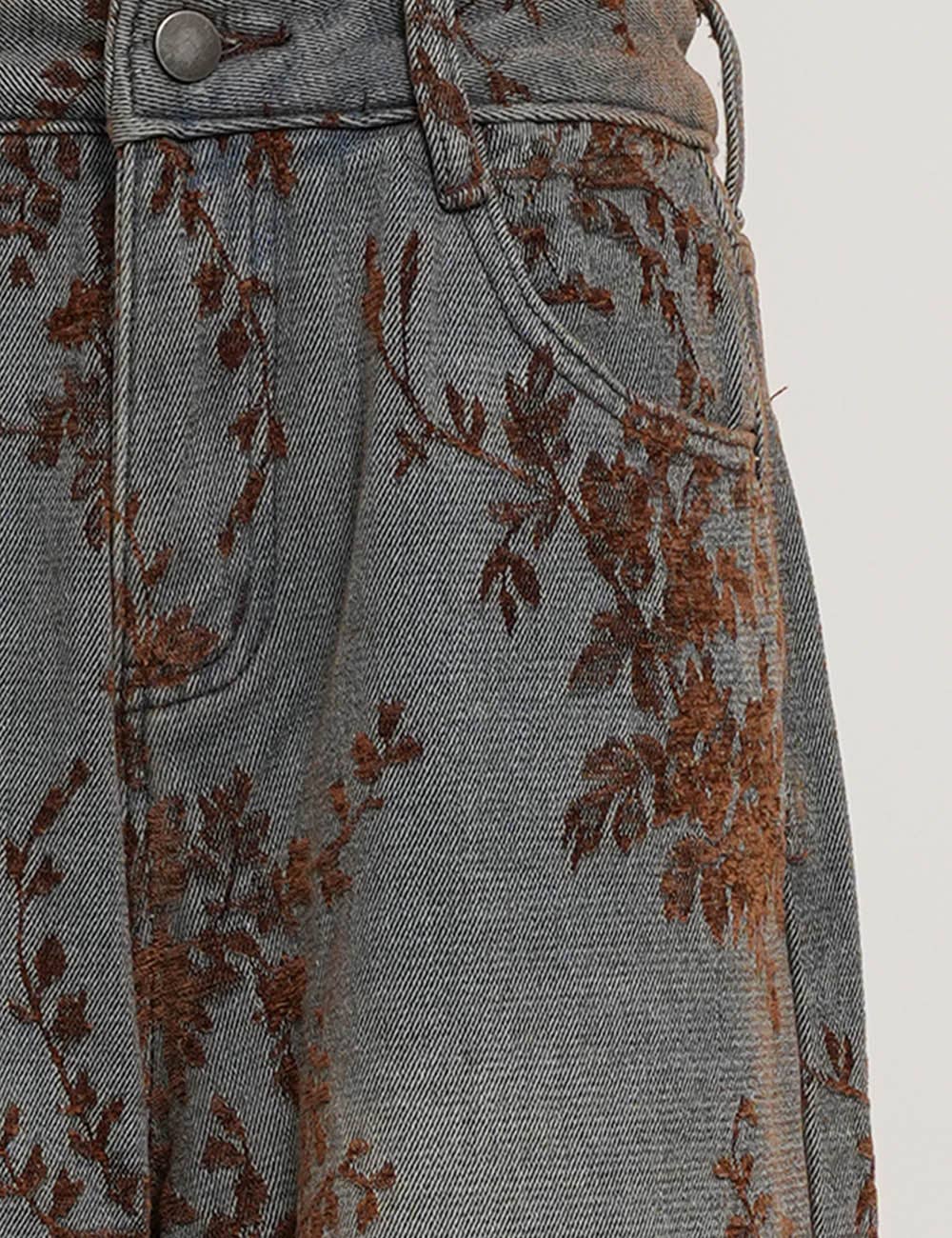 Ladies Vintage Floral Jacquard Wide Leg Denim Pants