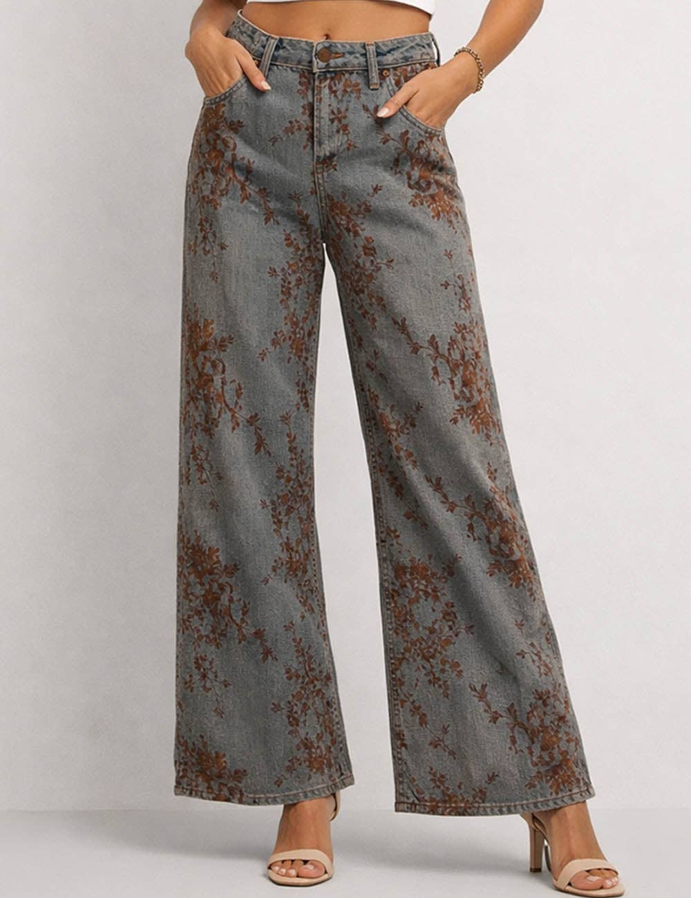 Ladies Vintage Floral Jacquard Wide Leg Denim Pants
