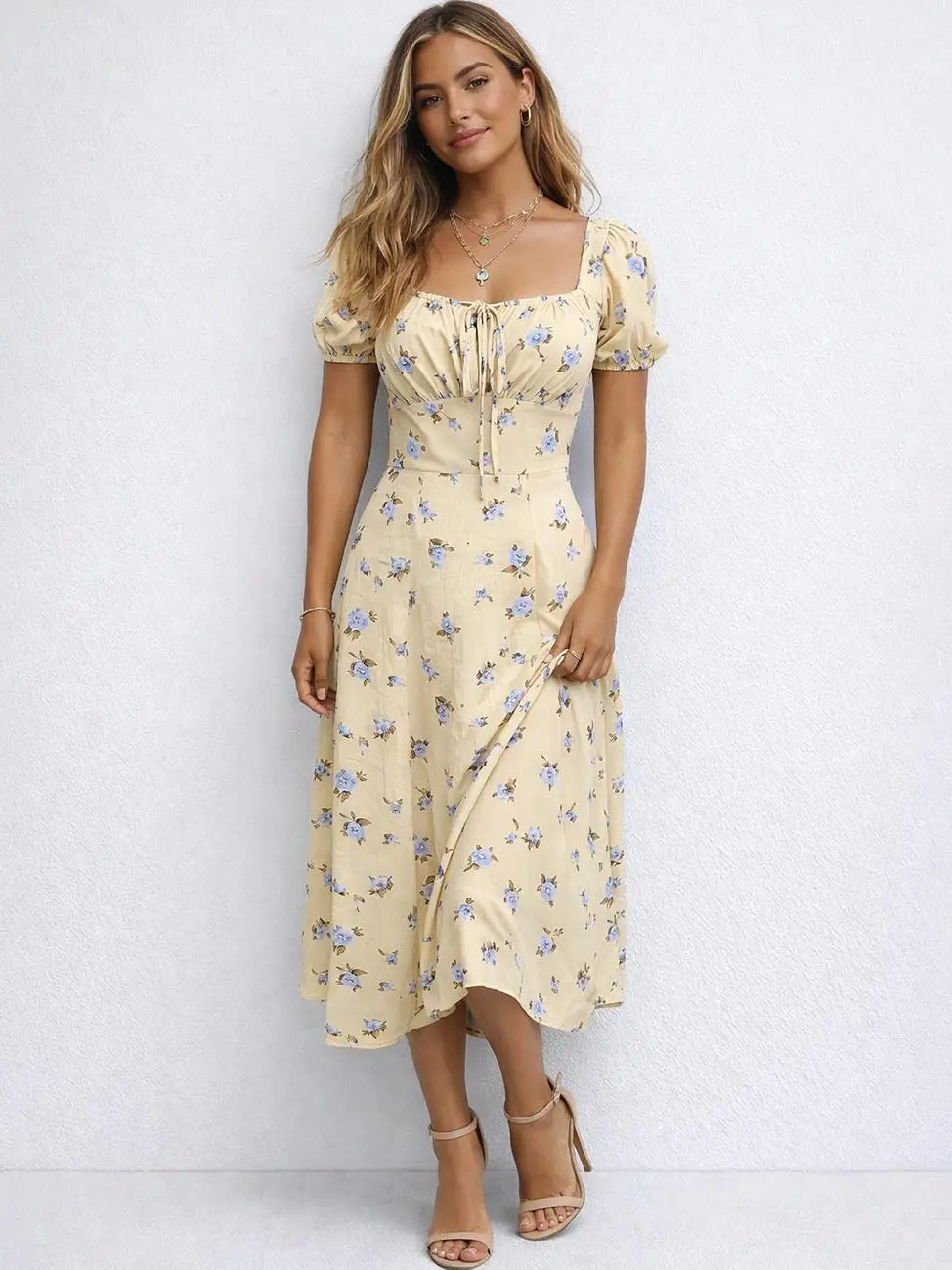Ladies Floral Print Square Neck Puff Sleeves Boho Midi Dress