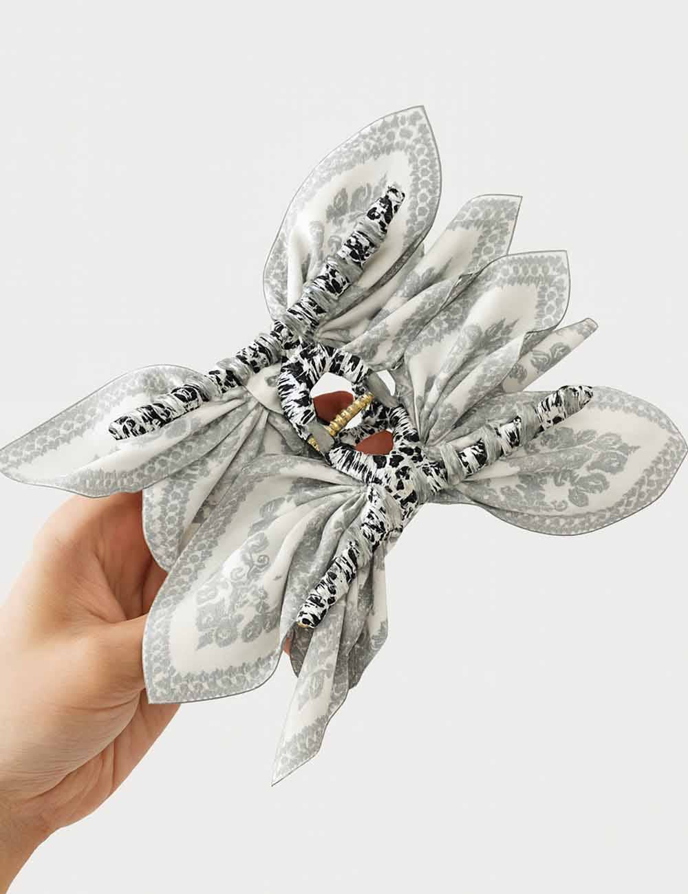 Ladies Chic Paisley Floral Print Bow Knot Hair Clip- White, Brown