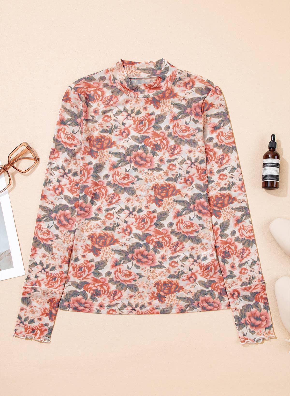 Retro Floral Print Mesh Long Sleeve Top