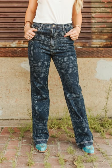 Lucky & Blessed Dark Wash High Rise Western Bandana Laser Printed Bootcut Jeans