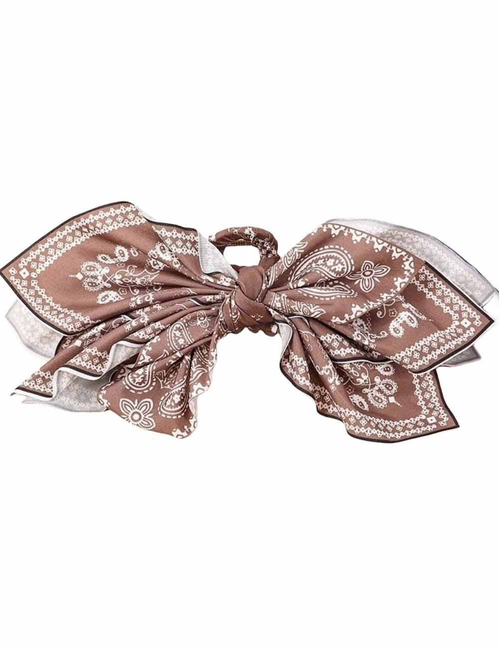 Ladies Chic Paisley Floral Print Bow Knot Hair Clip- White, Brown