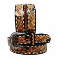 Western Floral Tooled Buckstitch Leather Belt
