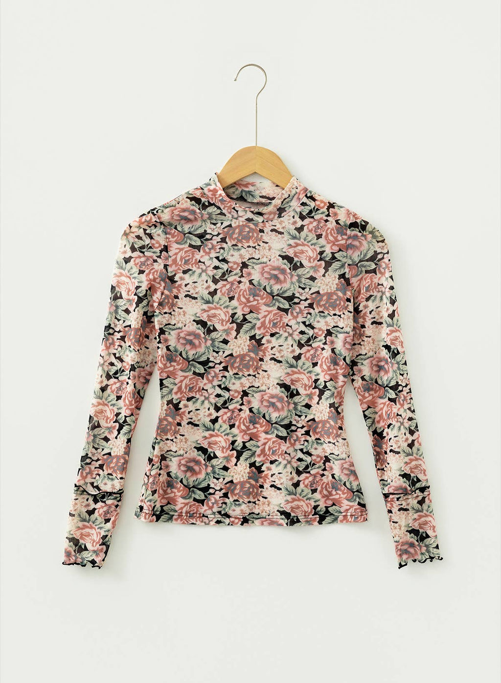 Retro Floral Print Mesh Long Sleeve Top