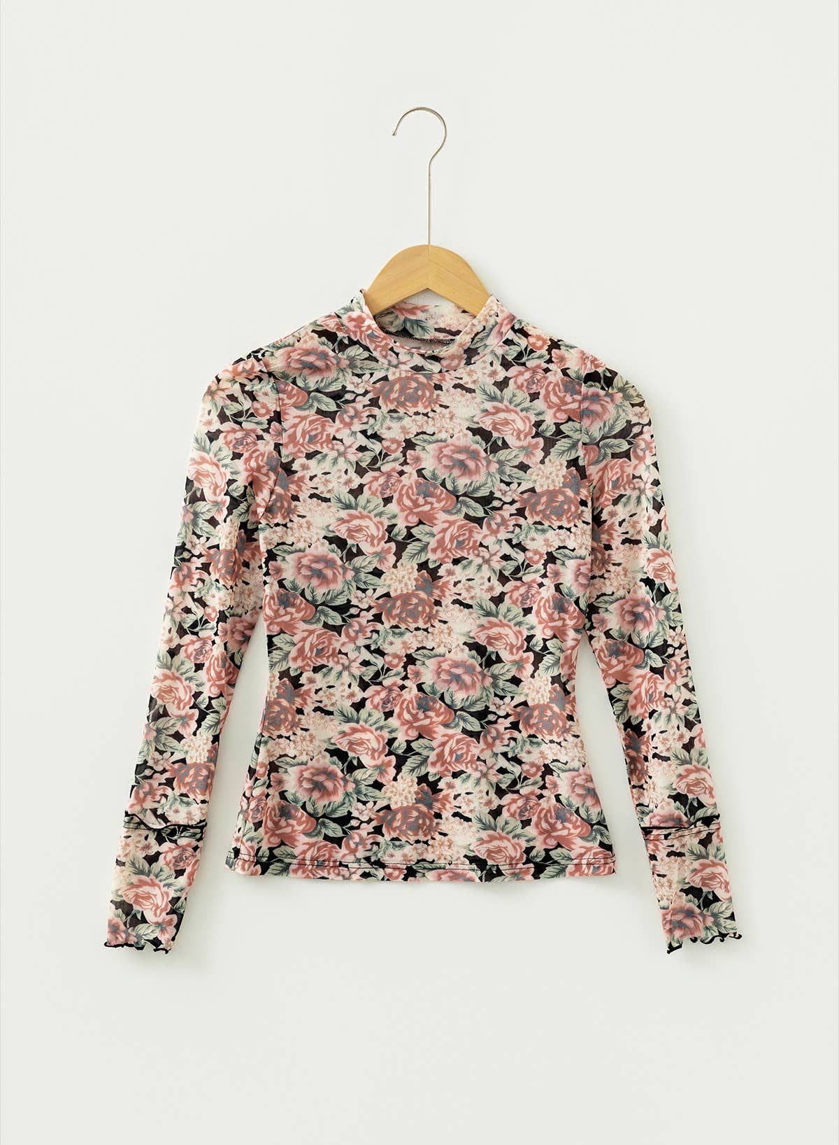 Retro Floral Print Mesh Long Sleeve Top