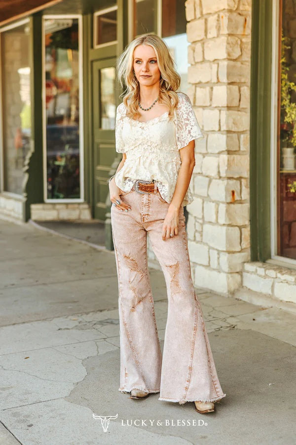 Lucky & Blessed Camel Mineral Wash High Rise Distressed Flare Jeans