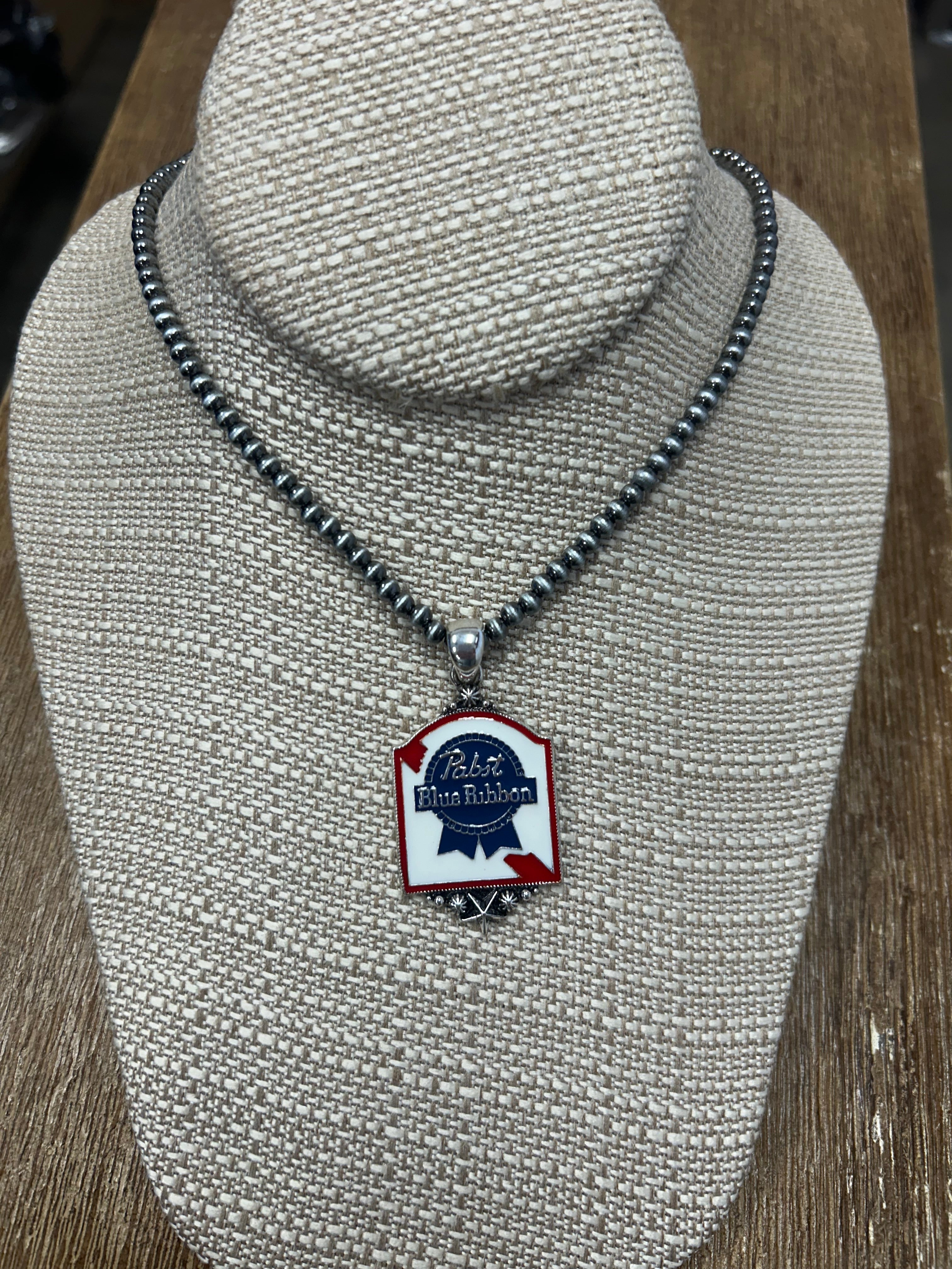 Padst Blue Ribbon Western Pearl Bead Necklace