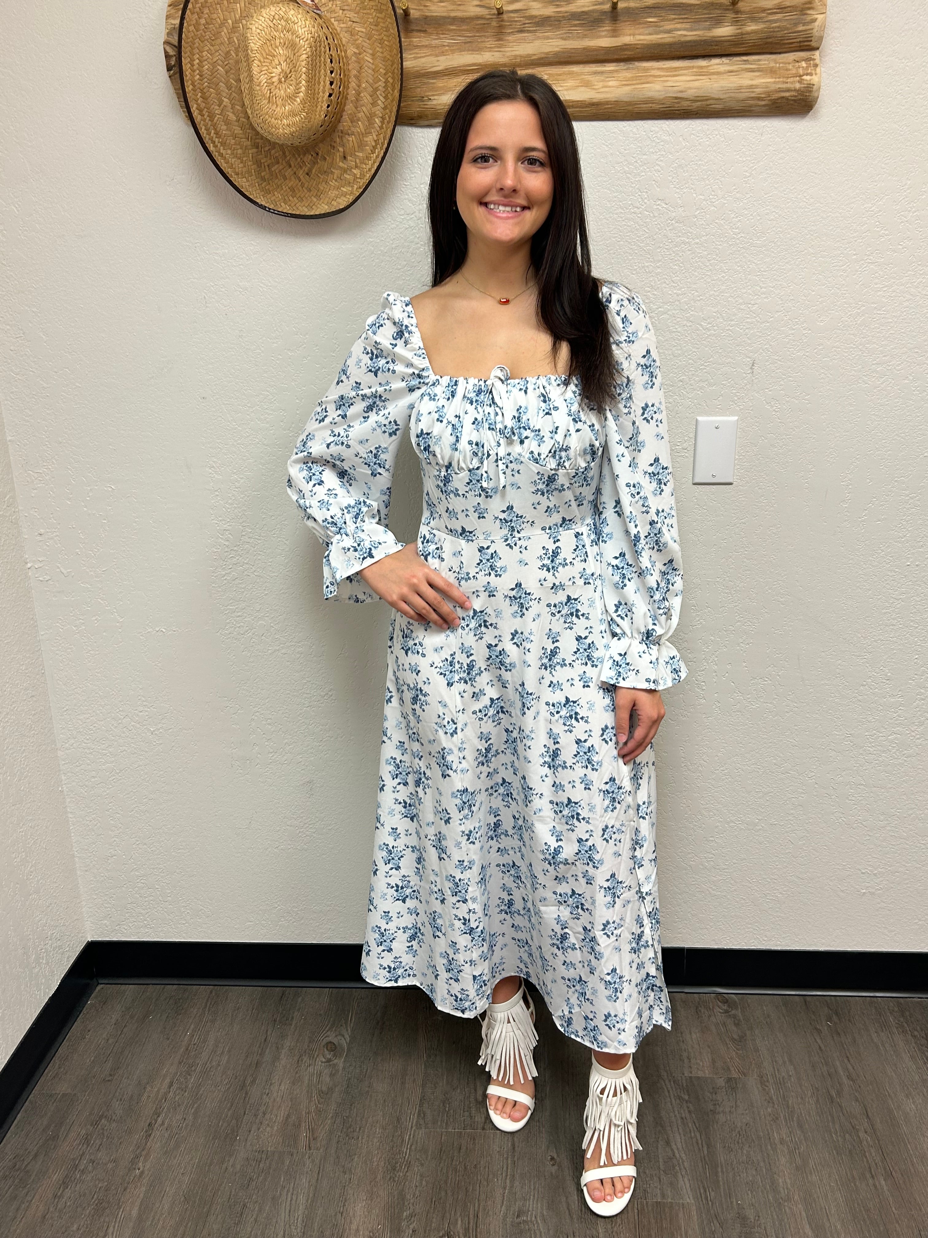 Blue Floral Long Sleeve Dress