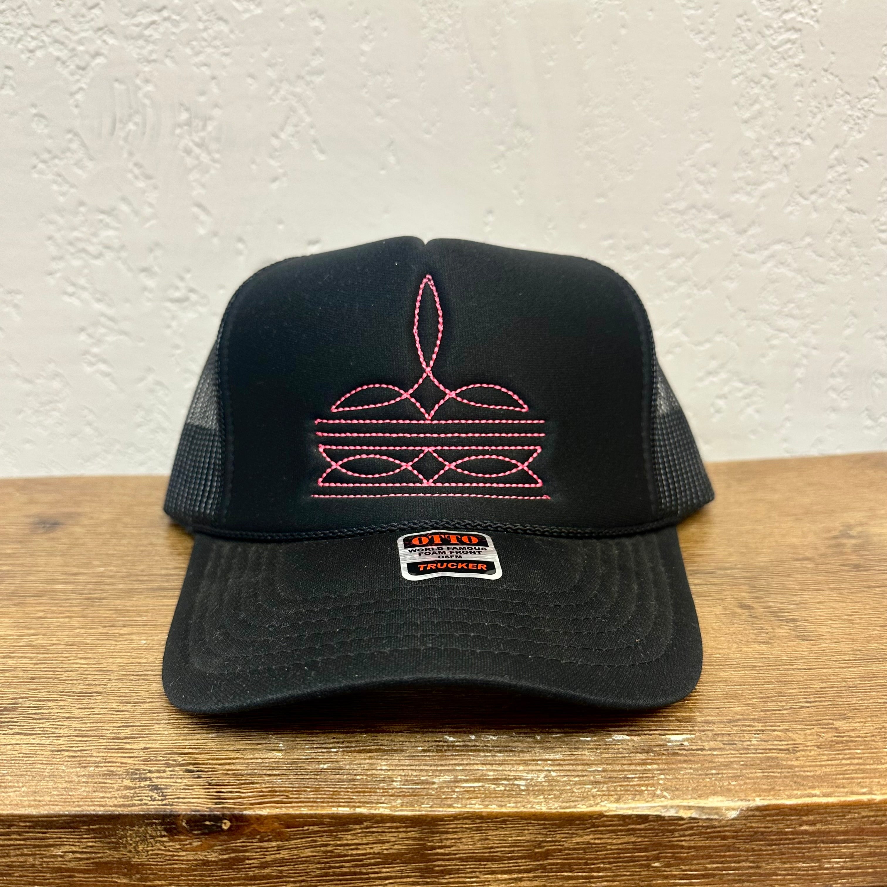 Black Boot Stitch Trucker Hat