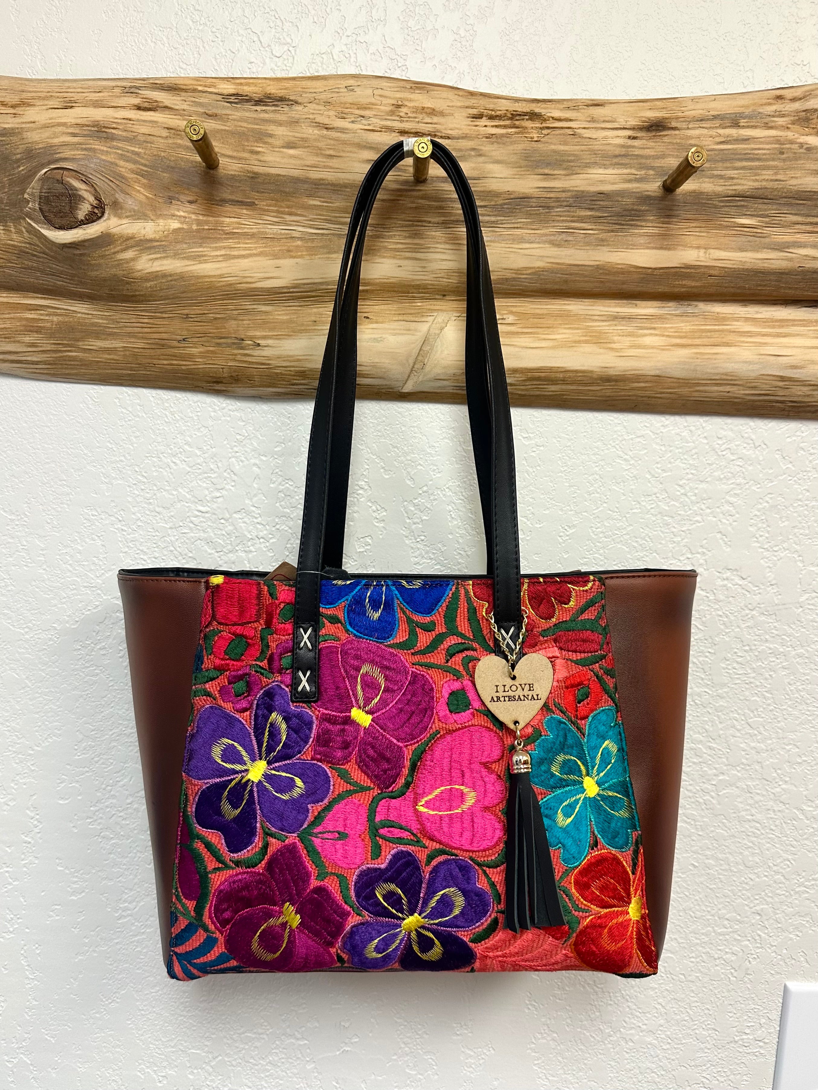 Mexican Artesanal Floral Leather Tote Bag