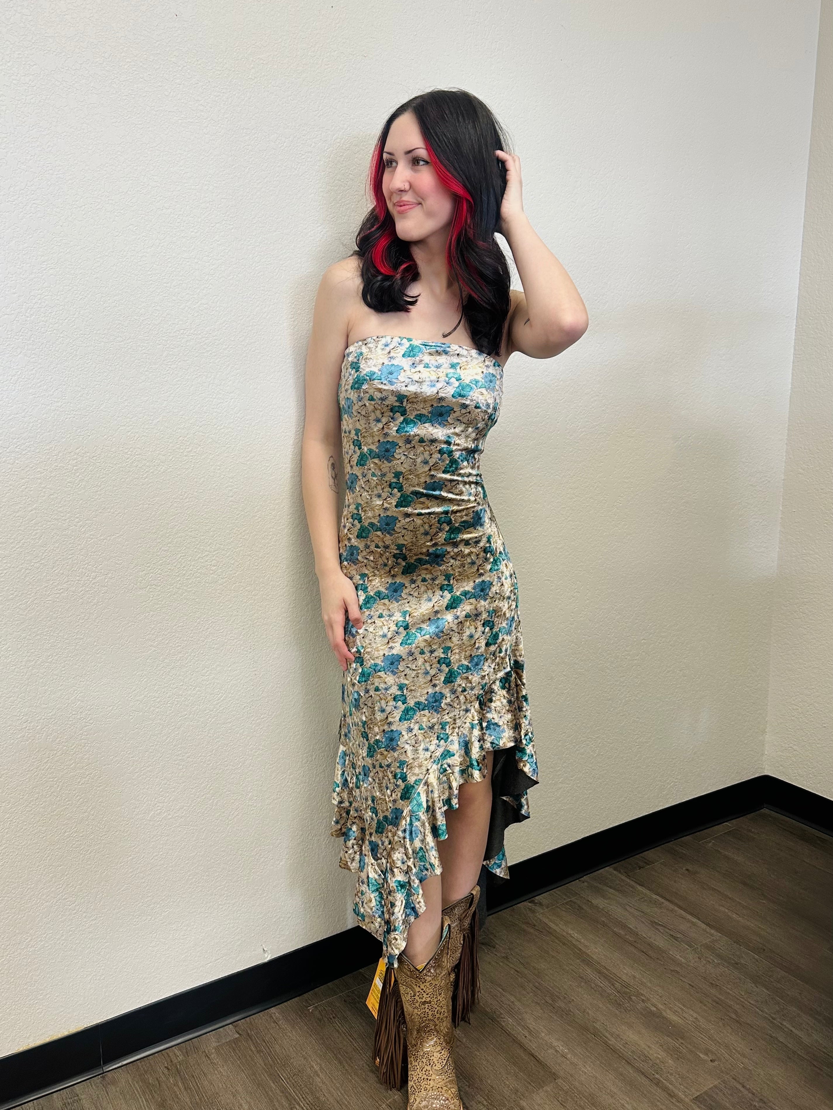 Fore Strapless Floral High-Low Dress