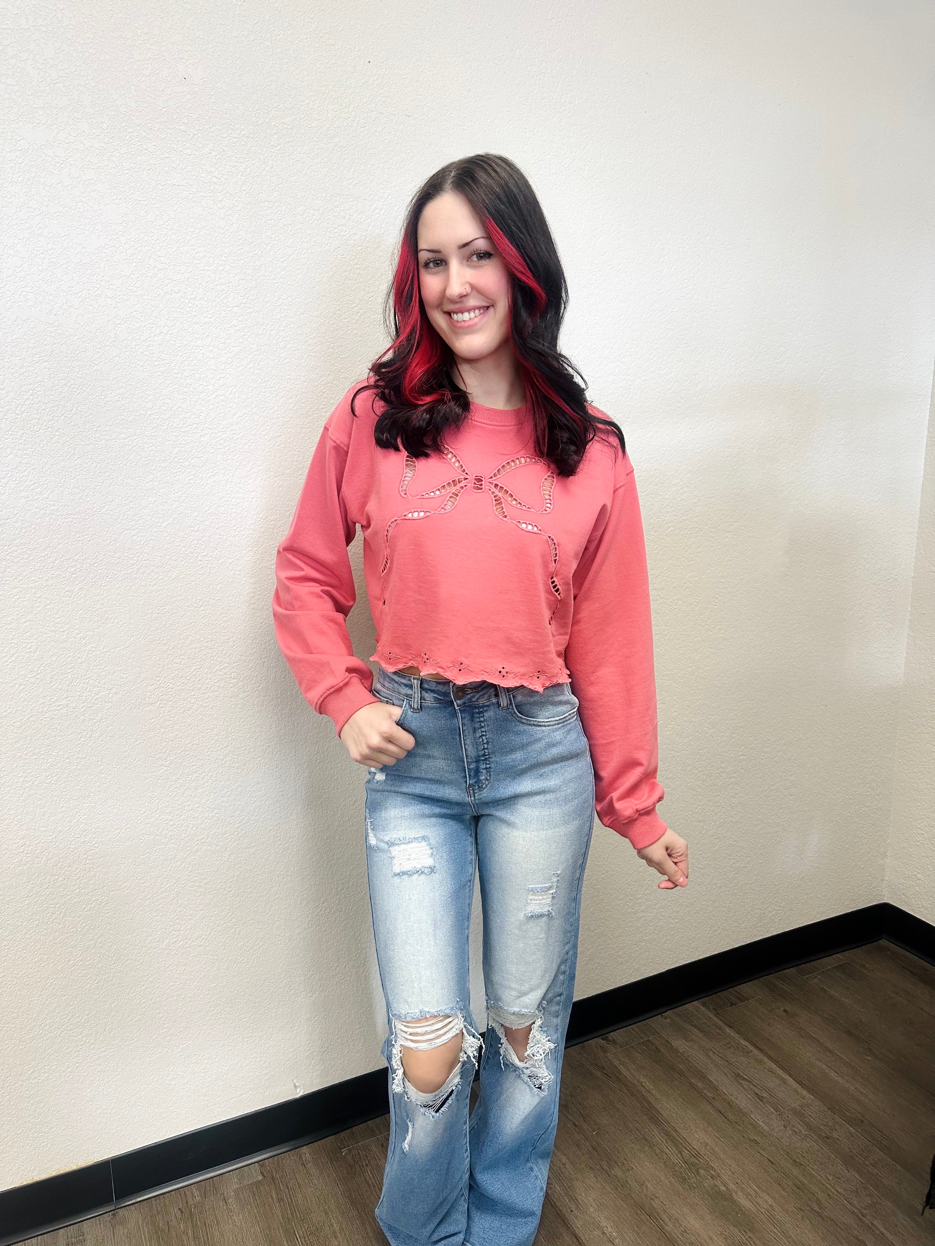 Simply Southern Coral Bow Sweatshirt