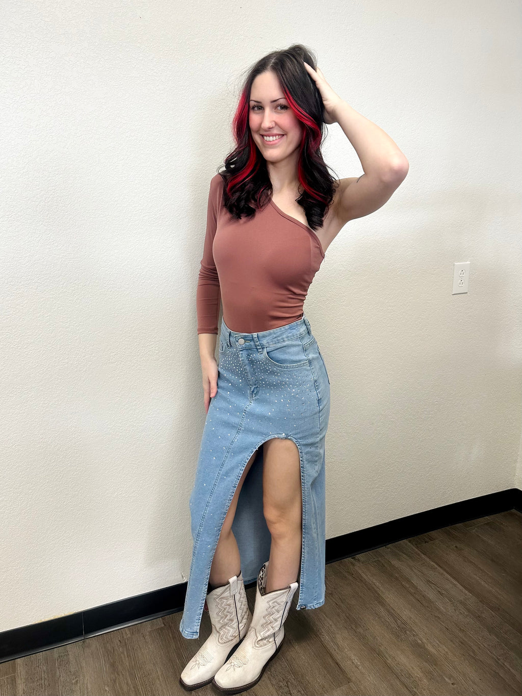 Lucky & Blessed Rhinestone Denim Maxi Skirt