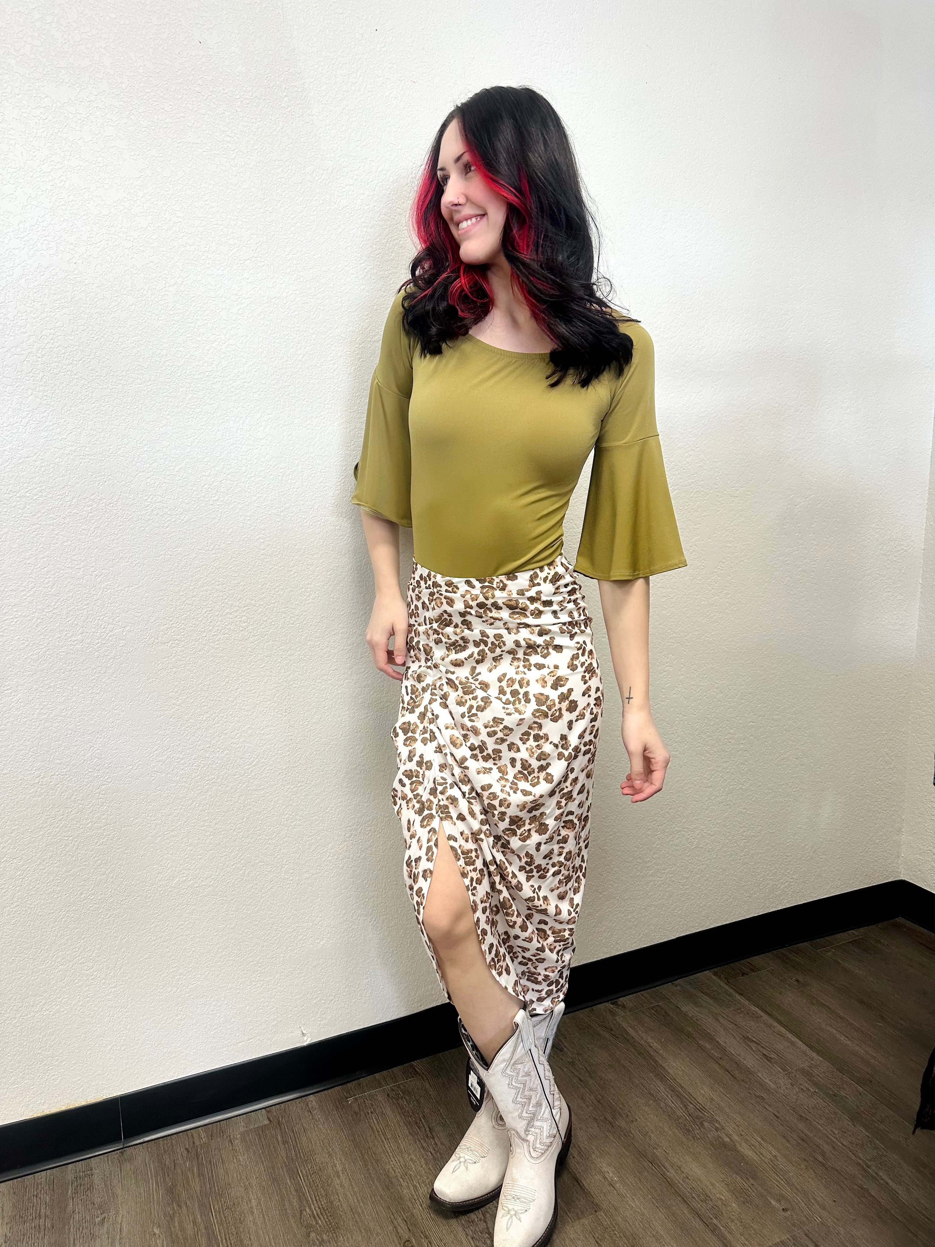 Leopard Ruched Midi Skirt