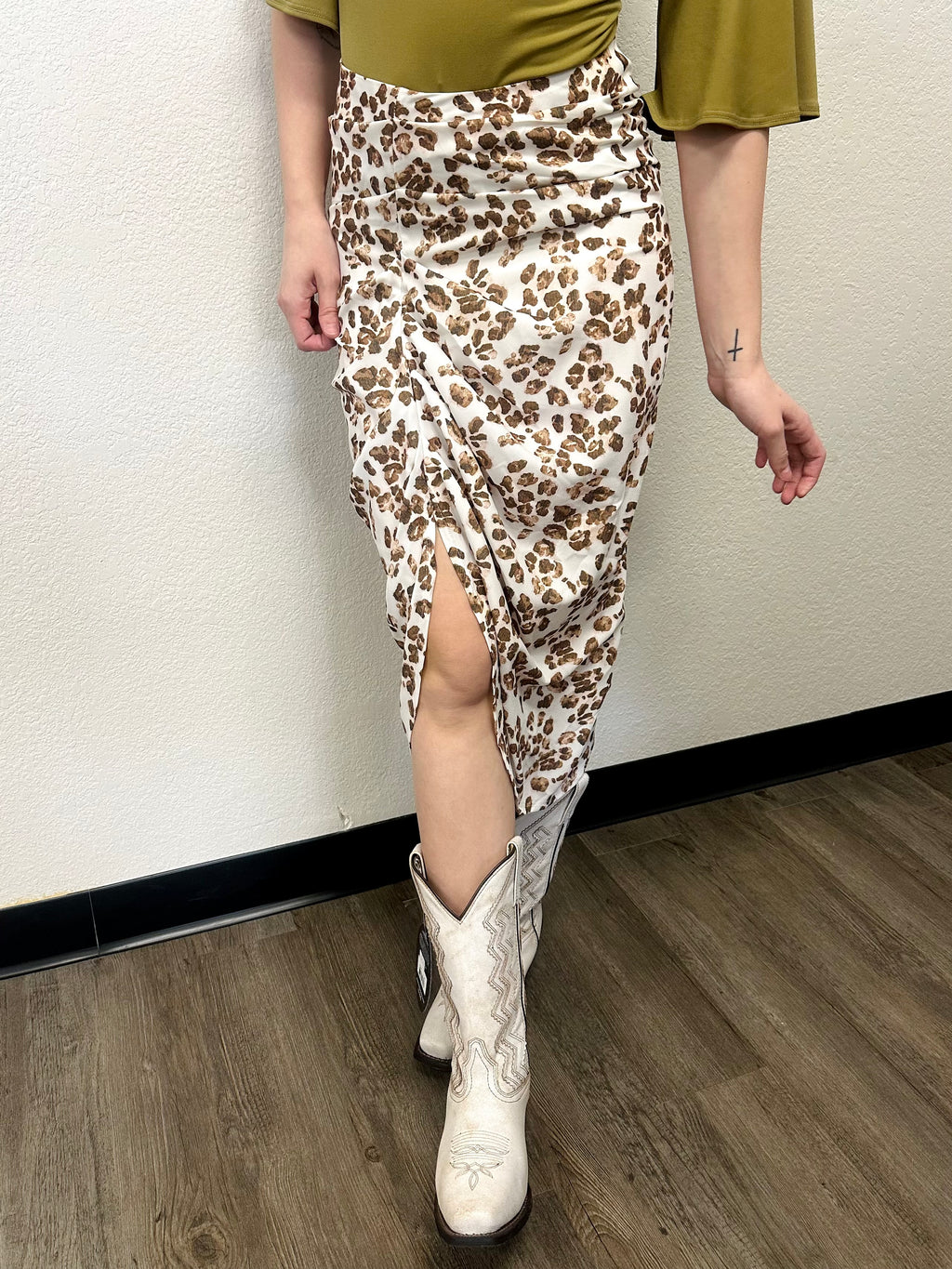 Leopard Ruched Midi Skirt