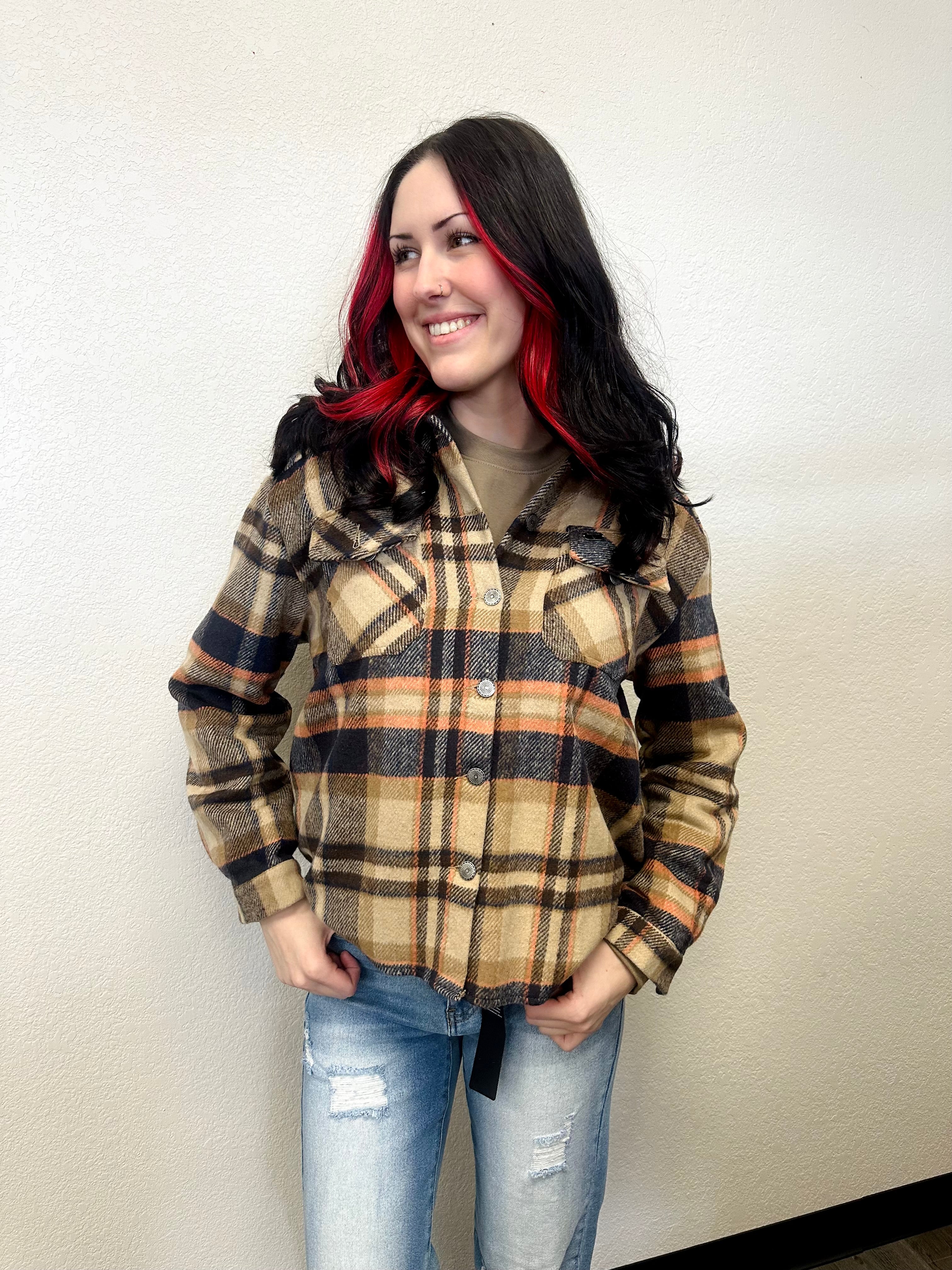 Lucky & Blessed Brown/Orange Plaid Flannel Shacket