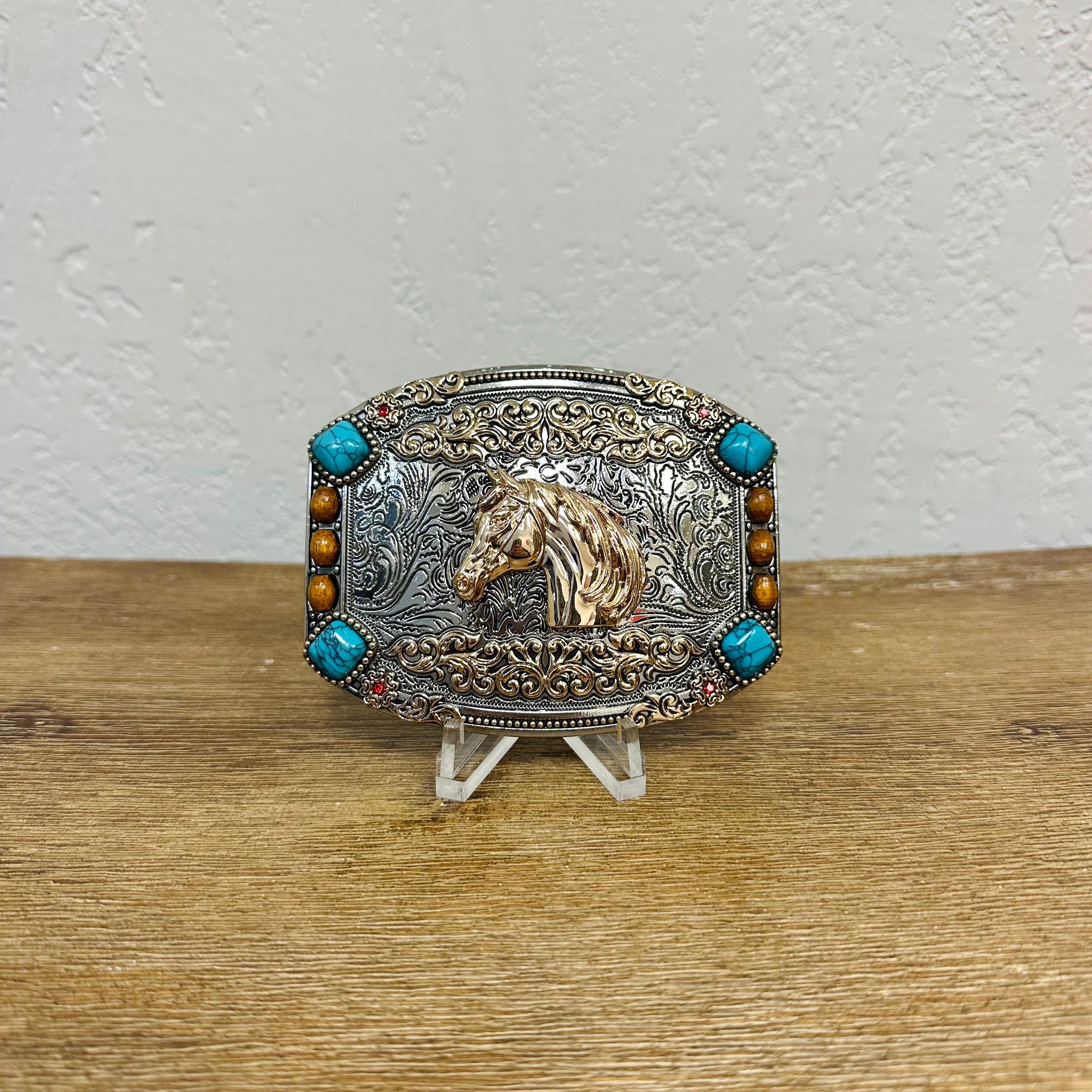 Tooled Mixed Metal Horse Mexican Belt Buckle