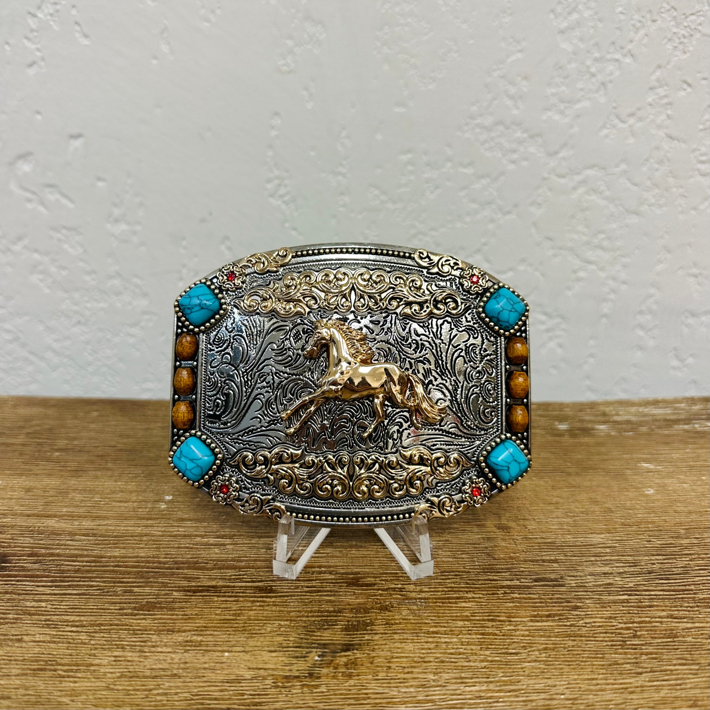 Tooled Wild Horse Mexican Belt Buckle