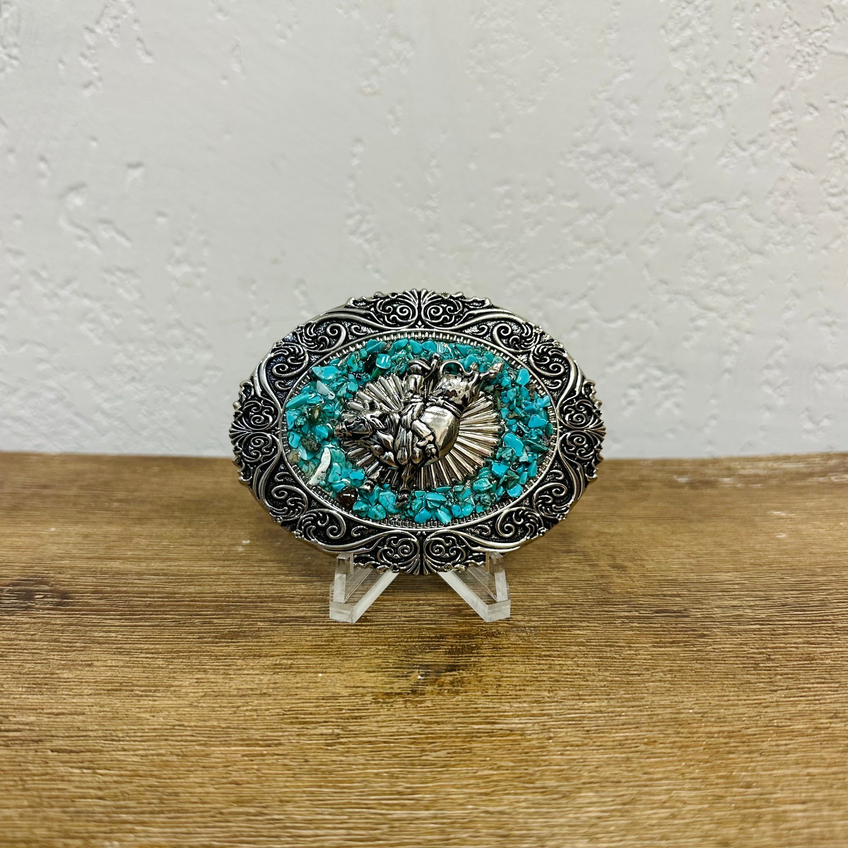 Crushed Turquoise Bull Rider Mexican Belt Buckle