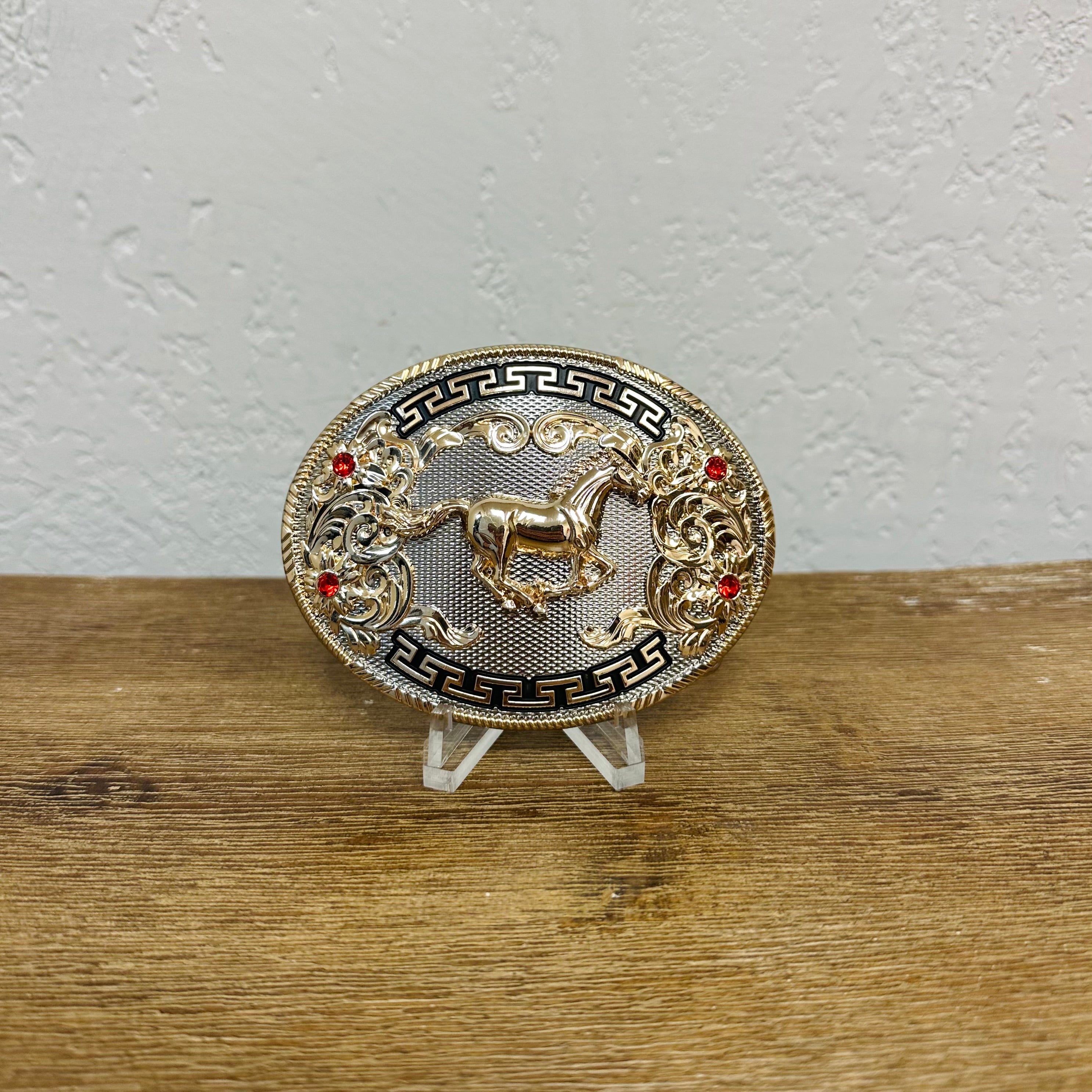 Filigree Embellished Wild Horse Mexican Belt Buckle