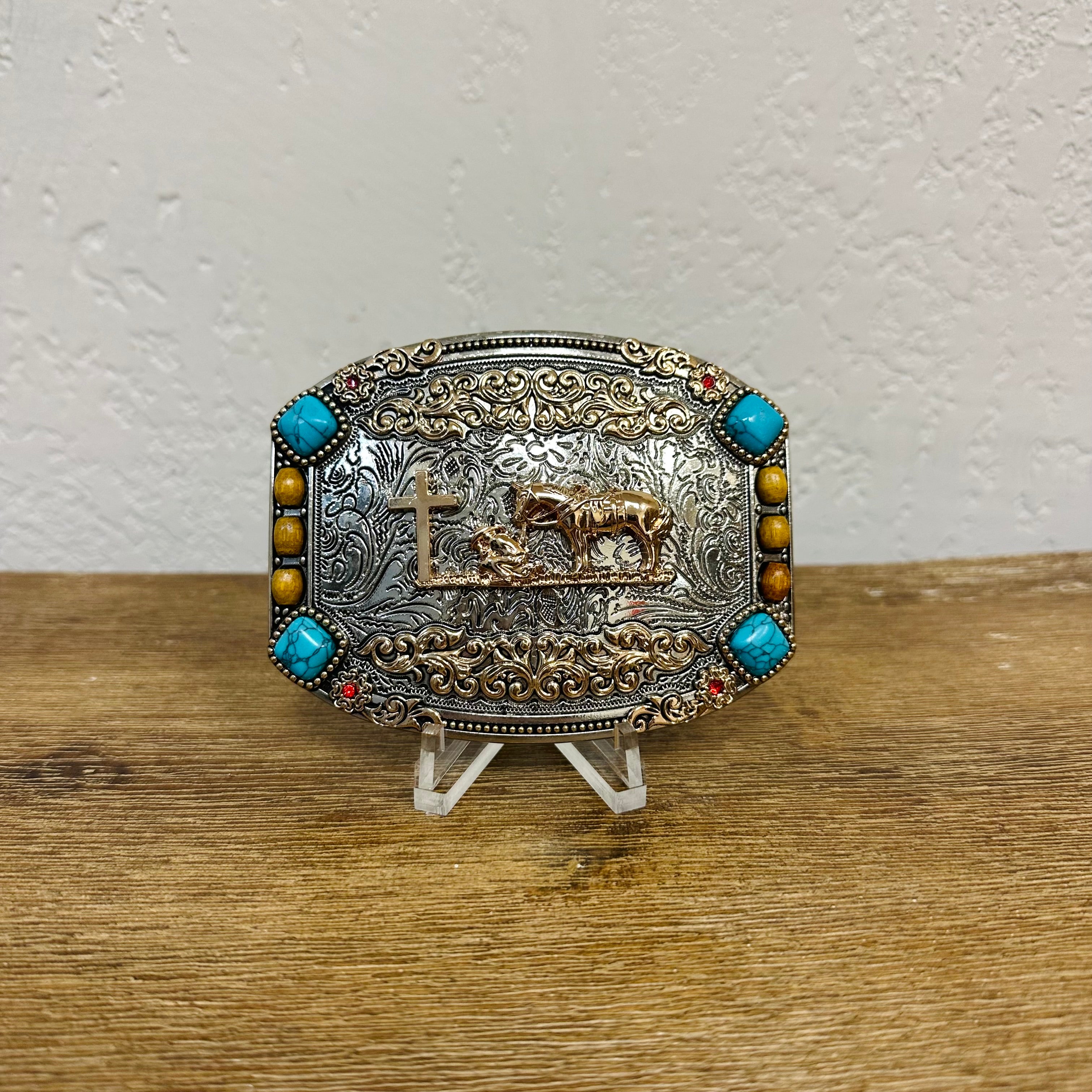 Tooled Christian Cowboy Mexican Belt Buckle
