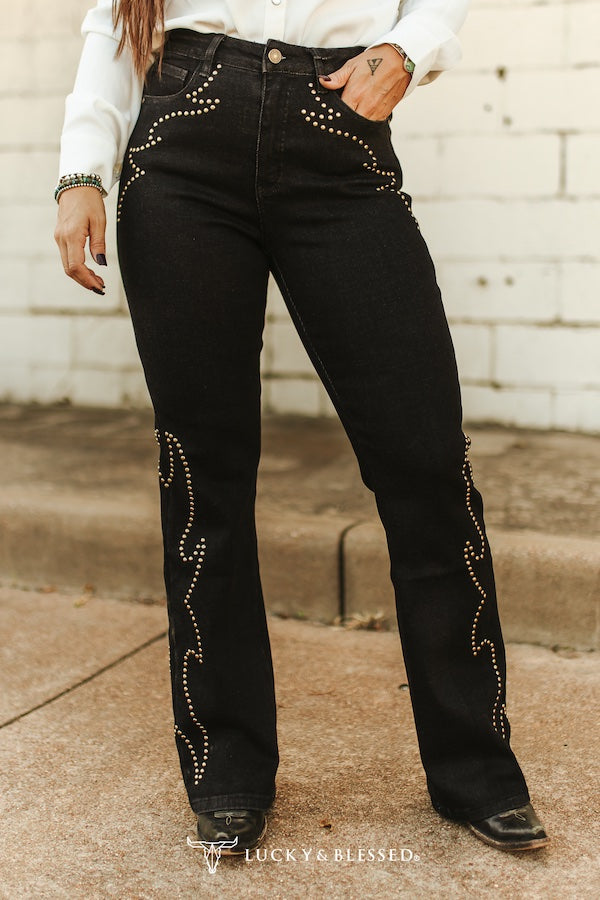 Lucky & Blessed Black Boot Stitch Studded High Rise Bootcut Jeans