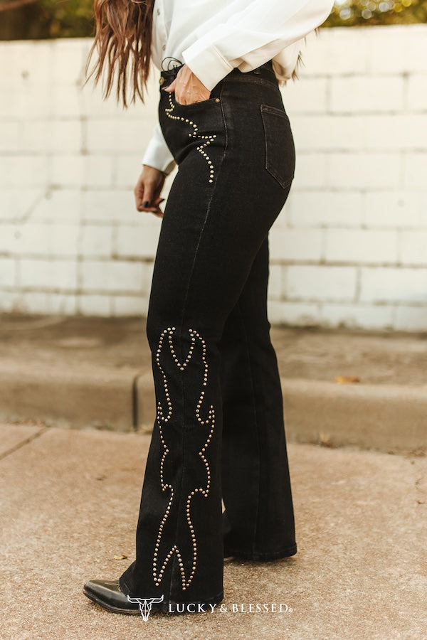 Lucky & Blessed Black Boot Stitch Studded High Rise Bootcut Jeans