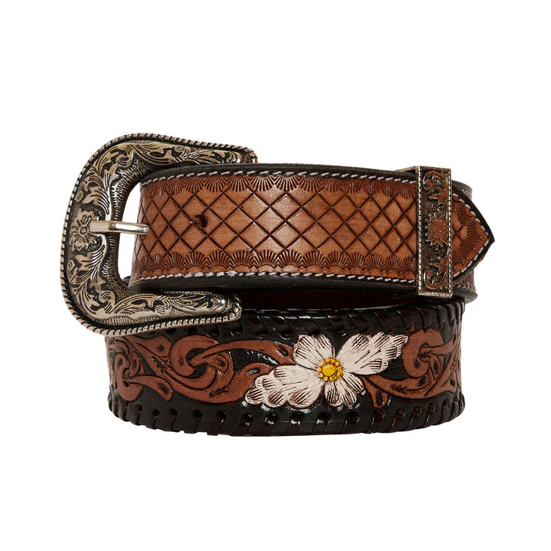 Myra Checkered brown Hand-Tooled Leather Belt
