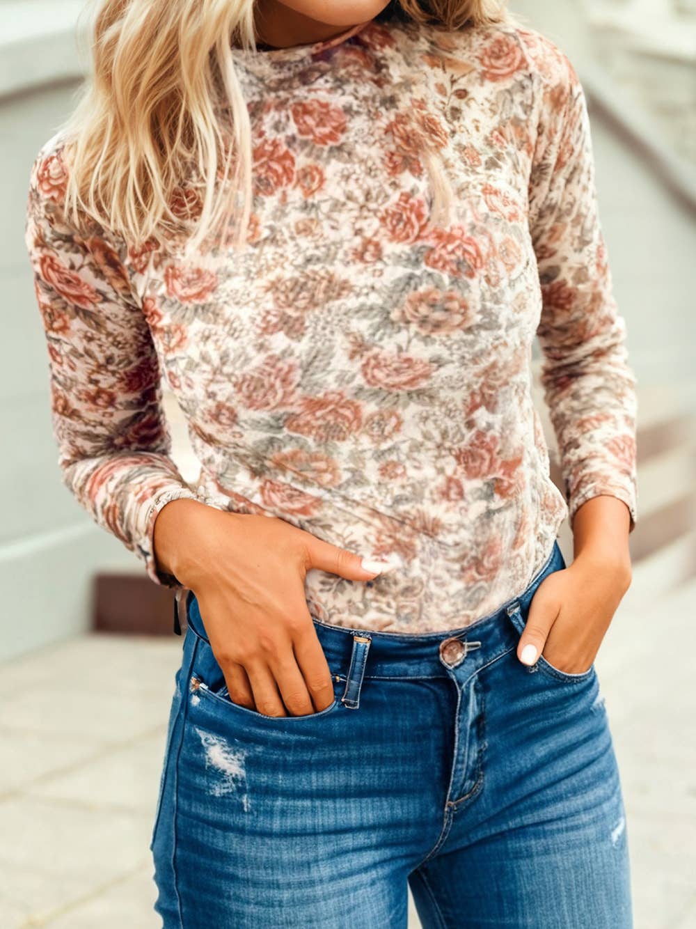 Retro Floral Print Mesh Long Sleeve Top
