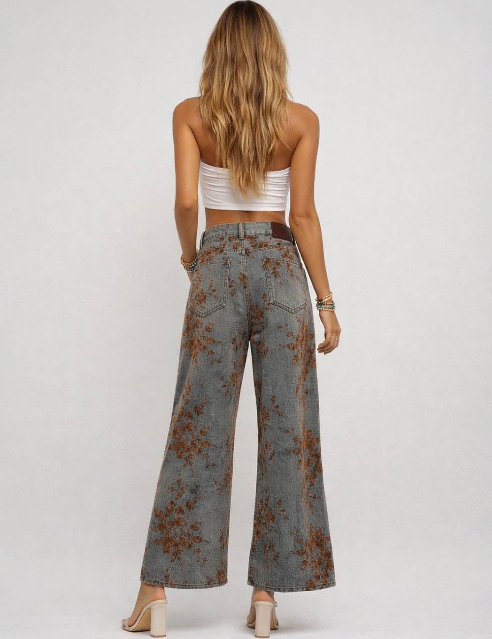 Ladies Vintage Floral Jacquard Wide Leg Denim Pants