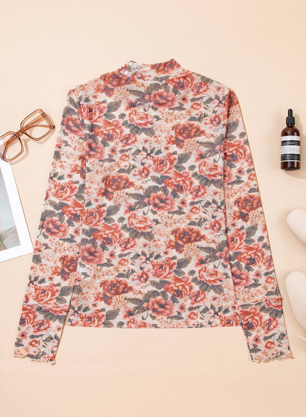 Retro Floral Print Mesh Long Sleeve Top