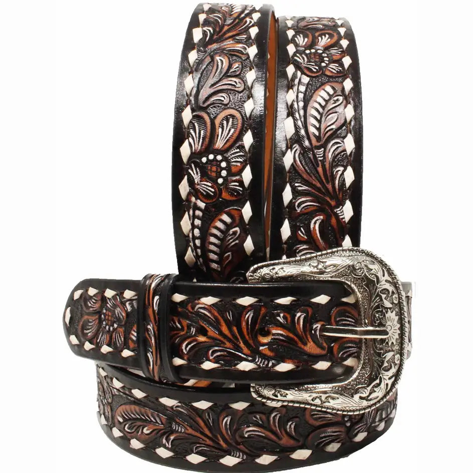 Tan Leather Floral Tooled Casual Jean Belt