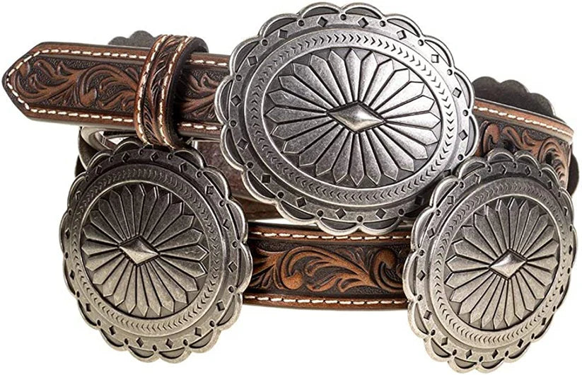 Ariat Women's Brown Tooled with Silver Oval Floral Conchos Belt