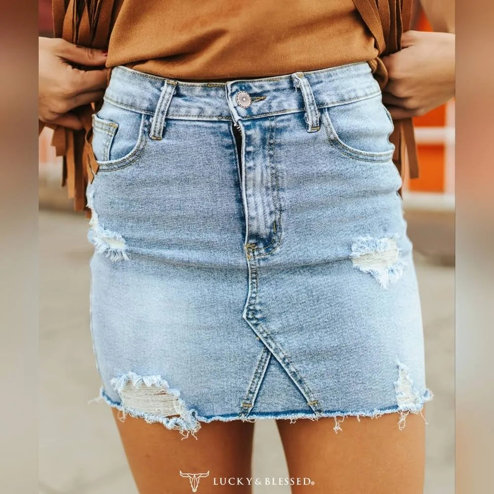 Lucky & Blessed Destressed Denim Skirt
