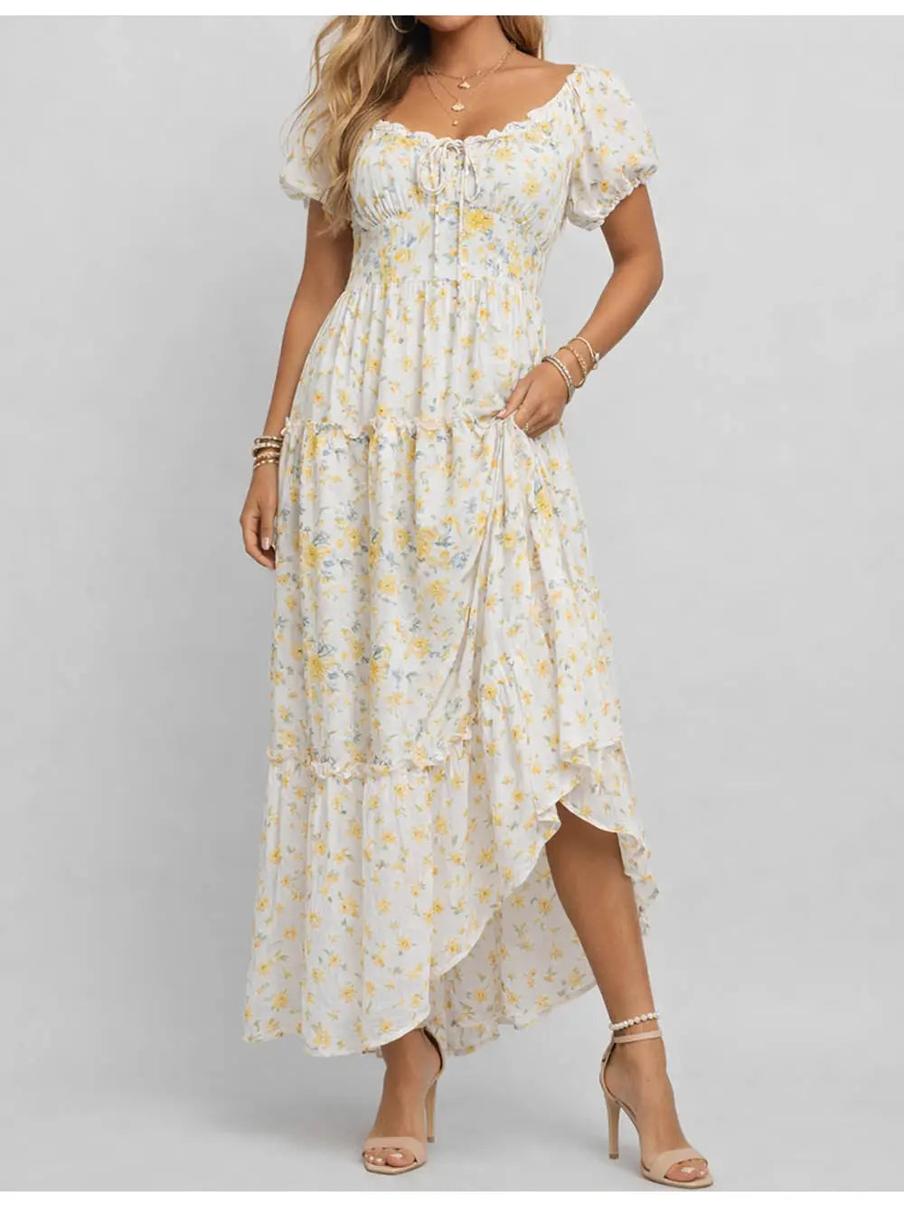 Ladies Yellow Floral Print Sweetheart Neck Puff Sleeves Maxi Dress
